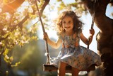 Happy kid girl on a swing on the tree in a summer day. AI generated
