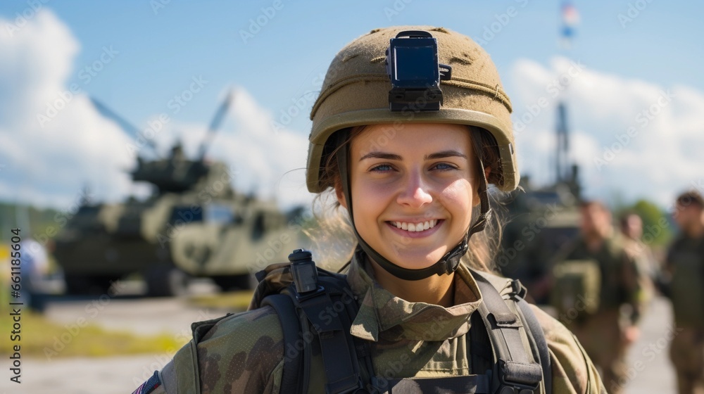 Women working in the army, portrait of a smiling girl in uniform Women working in the army, portrait of a smiling girl in uniform
