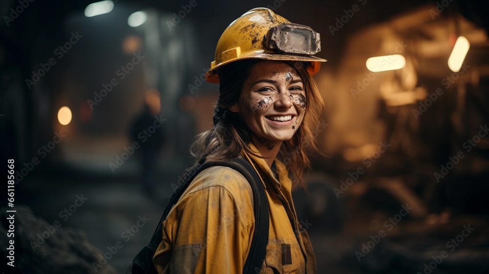 Portrait of a woman working underground, diversity in mining, hard work undertaken by women Portrait of a woman working underground, diversity in mining, hard work undertaken by women