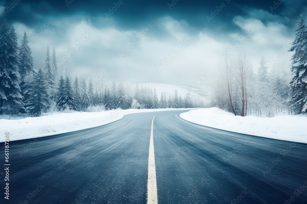 Beautiful view of the snowy road in winter Beautiful view of the snowy road in winter