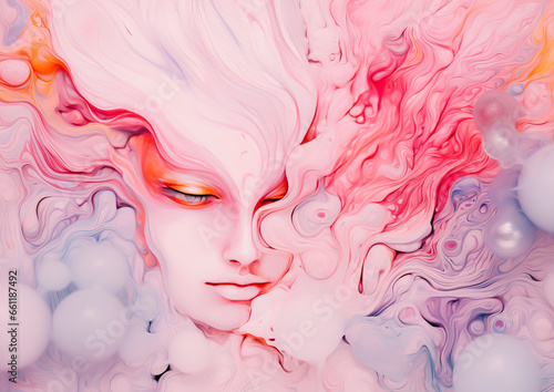 Artistic fashion concept. An abstract face of a young woman emerges from a composition of melting colors. Pastel cyclamen, lilac, white pearl. Color texture, gradient. Pastel futuristic composition.