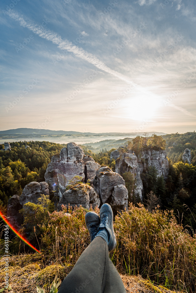 Hrubskalsko area in Czech republic in Czech paradise. Early morning sunset on a rocky mountain. Beautiful panorama landscape scenery. - obrazy, fototapety, plakaty 