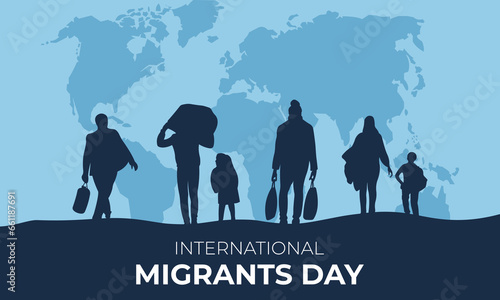 International Migrant Day.Horizontal banner with silhouettes of migrants on the background of the world map.Vector illustration.