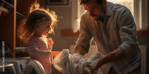  A Father and Daughter Throwing Laundry into the Washing Machine, Embracing Teamwork and Domestic Togetherness