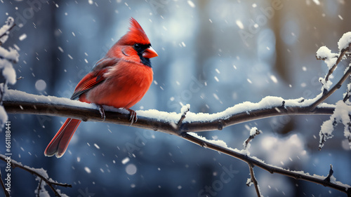 A cardinal bird perched on a snowy branch  AI Generative.