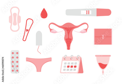 Menstrual period. Female uterus, hygiene product tampon, sanitary pads, menstrual cup, calendar and other hygiene tools. Vector illustration in a trendy flat style isolated on white background.