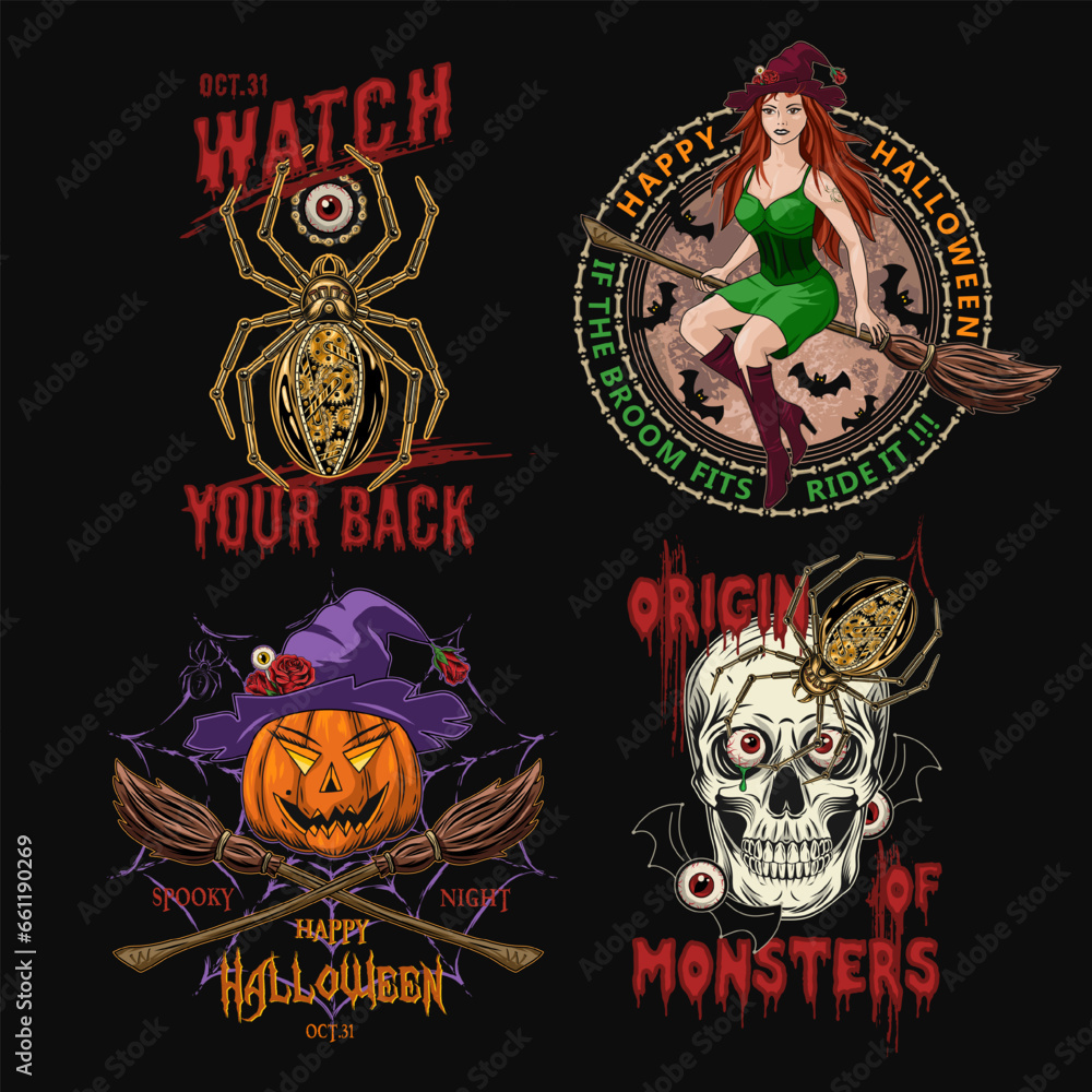 Set of halloween labels with monsters, steampunk mechanical spider, beautiful young witch on broom, pumpkin head, human skull with red eyes. Colorful emblems on black in vintage style