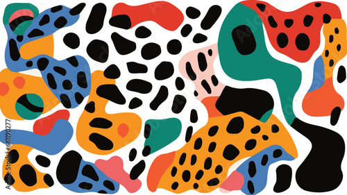 Simple abstract fun pattern, very colorful, simple shapes, blue, pink, white and yeallow., organic, nature, leopard. Vector art illustration design.