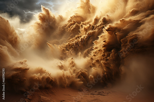 A whirlwind of sand and dust spiraling into the sky, creating a mesmerizing natural phenomenon. Concept of atmospheric dynamics. Generative Ai. photo