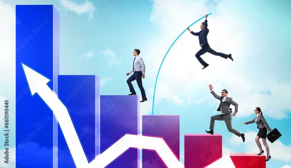 Business people vault jumping over bar charts Business people vault jumping over bar charts