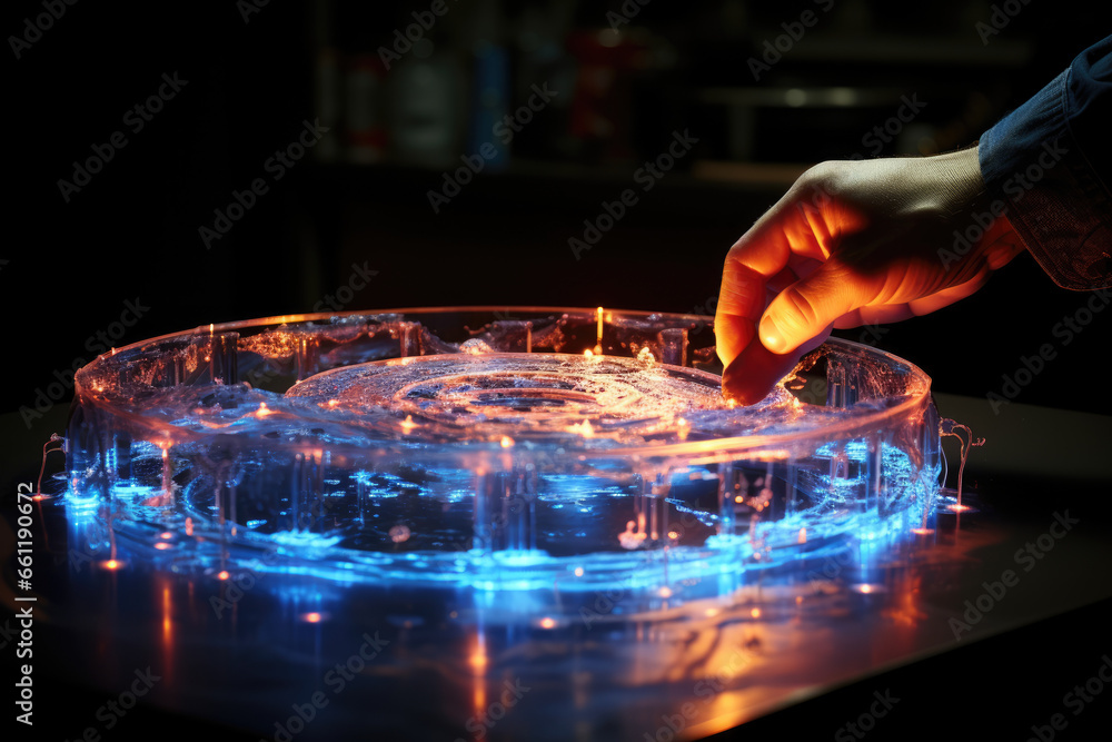 A scientist manipulating a magnetic field to induce electrical currents in a wire, demonstrating Faraday's electromagnetic induction. Concept of scientific experimentation. Generative Ai.