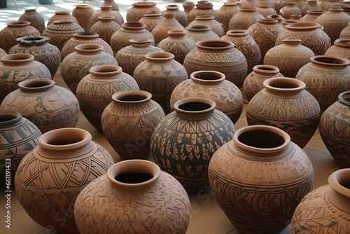 elaborate clay pots exhibited, vases, receptacles, crafted utilizing utensils. Generative AI