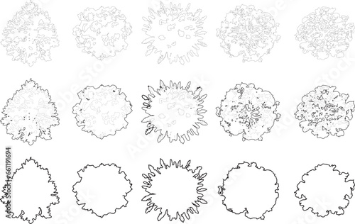 Tree plan line silhouettes - top view set 5