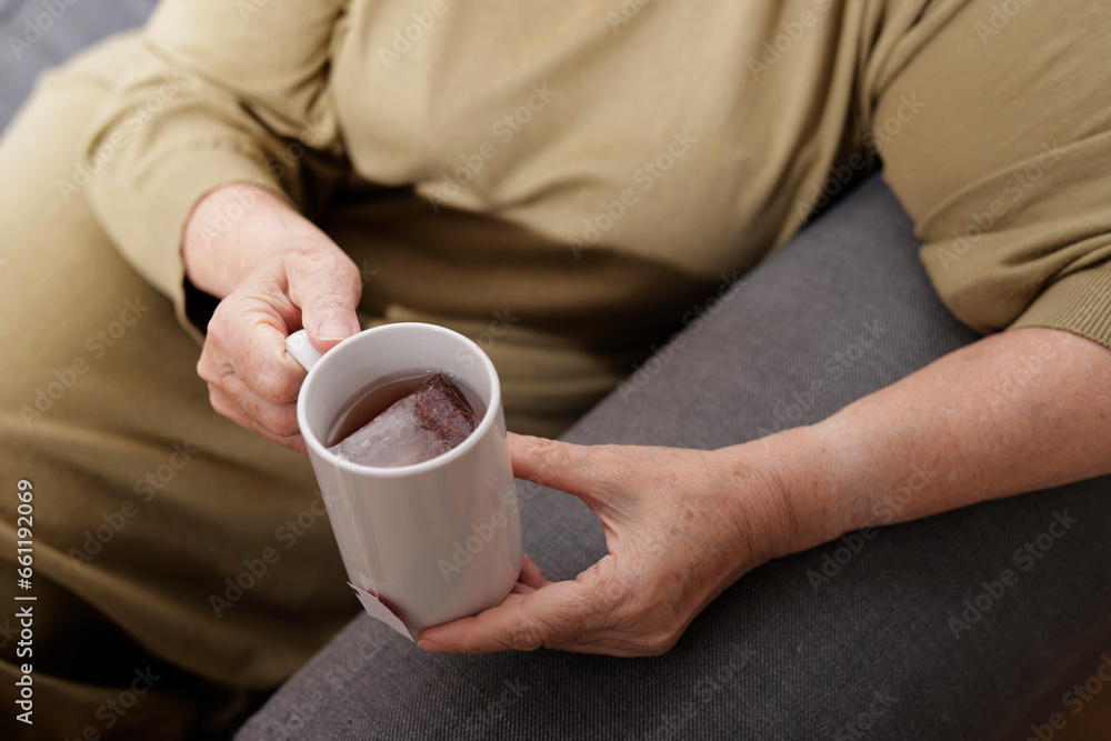 older woman hands with cup of tea on sofa older woman hands with cup of tea on sofa