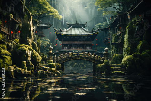 A Shinto shrine nestled in a serene forest, honoring the kami spirits and nature in Japanese spirituality. Concept of reverence for nature. Generative Ai.
