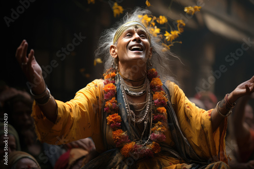 A Hare Krishna devotee chanting and dancing, spreading joy and devotion through the streets. Concept of ecstatic devotion. Generative Ai.
