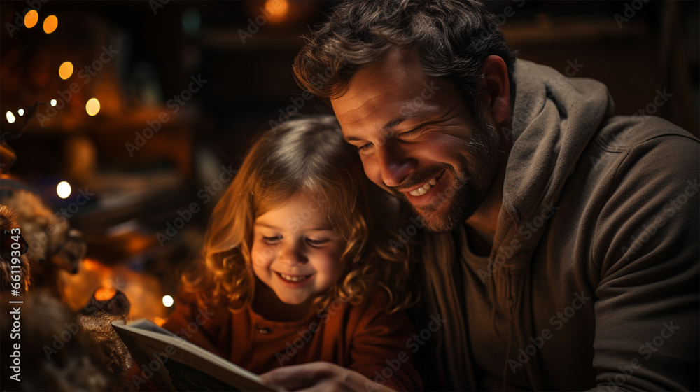 Happy Christmas family, father reading a book to his daughter in the evening on Christmas Eve.Christmas warm background