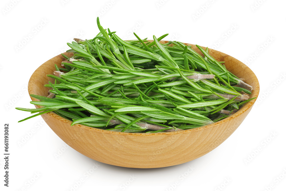 Rosemary twig and leaves in wooden bowl isolated on white background Rosemary twig and leaves in wooden bowl isolated on white background