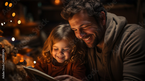 Happy Christmas family, father reading a book to his daughter in the evening on Christmas Eve.Christmas warm background