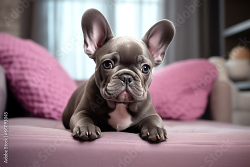 Adorable purebred grey French bulldog puppy close up on pink magenta sofa in well-lit, contemporary designed living room. With copy space. Pedigree dog. For banner, poster, advertisement, postcard © Jafree