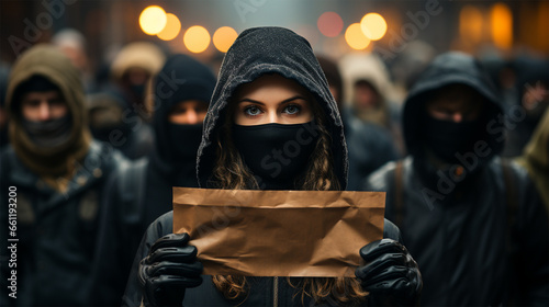 a group of masked people came out with posters to demonstrate the population's protest. A meeting about human rights. copy space. 