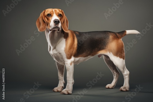 Full-sized purebred pedigree Beagle dog stands tall against a clean grey backdrop. With copy space. Close up. For posters, banners, and advertisements. Showcase the elegance of this pedigree breed,