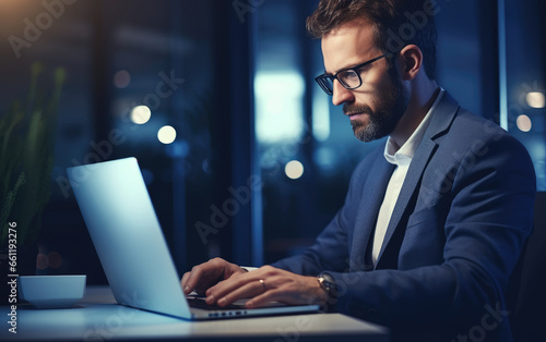 Businessman wearing glasses programming on a computer. Software or information technology solution.