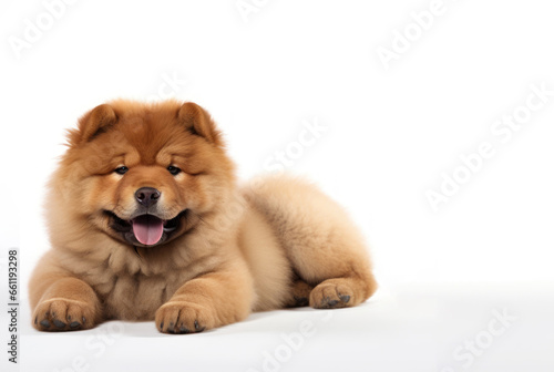 Cute fluffy purebred Chow Chow puppy lies on a white background. With copy space. Pedigree pup. For advertising, posters, banners, promoting pet stores, dog care, grooming services, veterinary clinics © Jafree