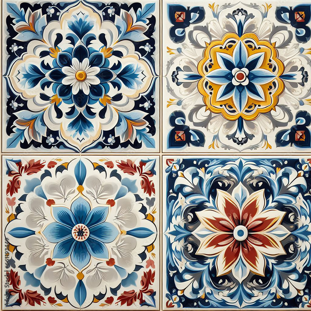 Set of patterned azulejo floor tiles. Abstract geometric background. Vector illustration, seamless mediterranean pattern. Portuguese floor tiles azulejo design. Floor cement talavera tiles collection
