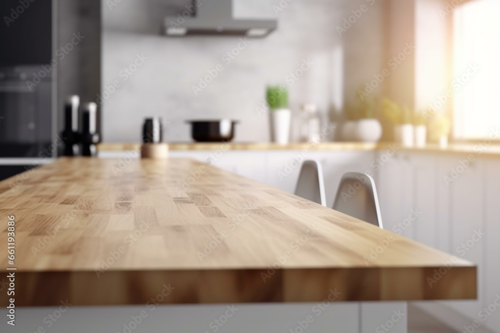 Blank table with blurred contemporary kitchen in the background. Generative AI