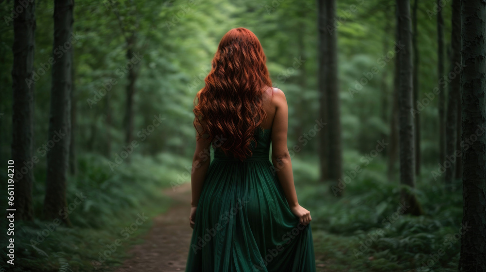 woman with long red hair in a green dress stands with her back in the forest woman with long red hair in a green dress stands with her back in the forest