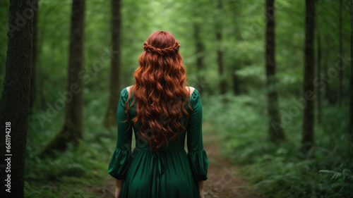 woman with long red hair in a green dress stands with her back in the forest