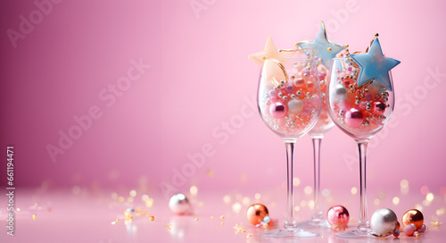 Creative New Year or Christmas pastel party invitation card. Glasses of wine decorated with colorful crystal ball ornaments on a pastel pink background photo