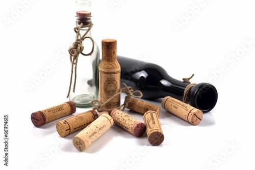 Wine bottles, corkscrews, cork on white background. Perfect for wine list or tasting. Generative AI