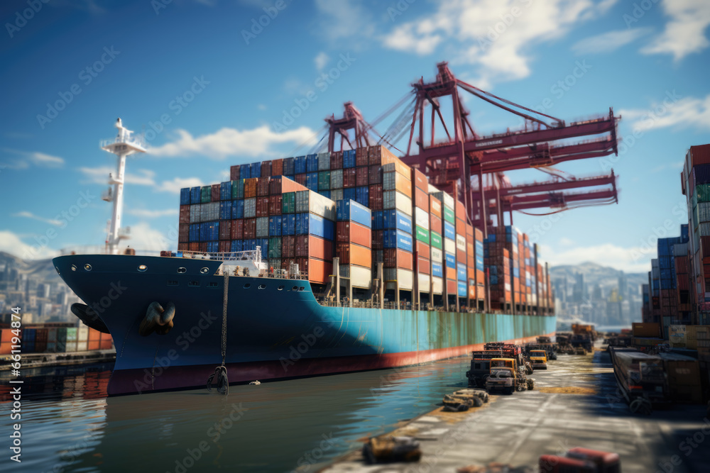 Naklejka premium A shipping container being loaded onto a cargo ship at a bustling international port, illustrating the logistics of global trade. Concept of international shipping. Generative Ai.