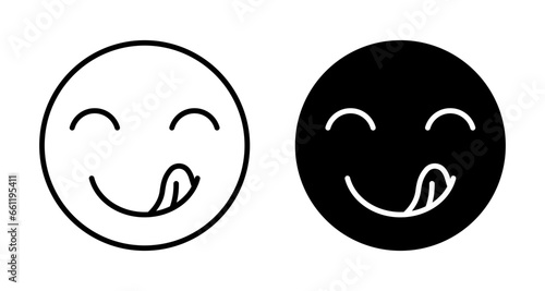 Savoring food emoji icon set. Hungry face vector symbol in black filled and outlined style.