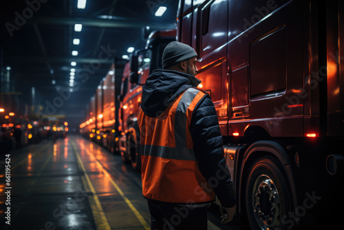 A truck driver inspecting the contents of their cargo before departure, highlighting the role of transport in supply chain management. Concept of cargo inspection. Generative Ai.