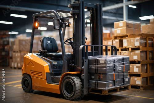 A distribution center worker using a forklift to move pallets of products, illustrating the importance of material handling equipment. Concept of efficient handling. Generative Ai. © Sebastian