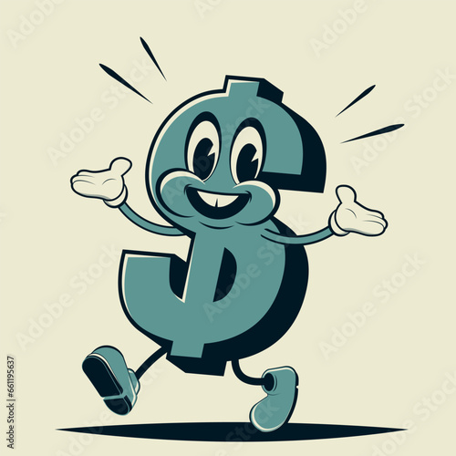 funny retro cartoon illustration of a walking dollar sign