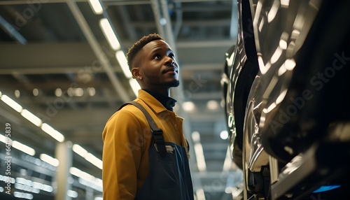 Young african american factory worker inspecting car production photo