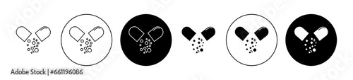 Open capsule pill icon set in black filled and outlined style. Pharmacist drug vector symbol for ui designs.