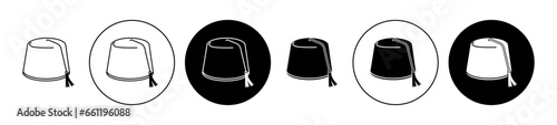 Fez hat icon set in black filled and outlined style. Morocco tarboosh turkish cap vector symbol. Lebanon lebanese hat vector sign for ui designs.