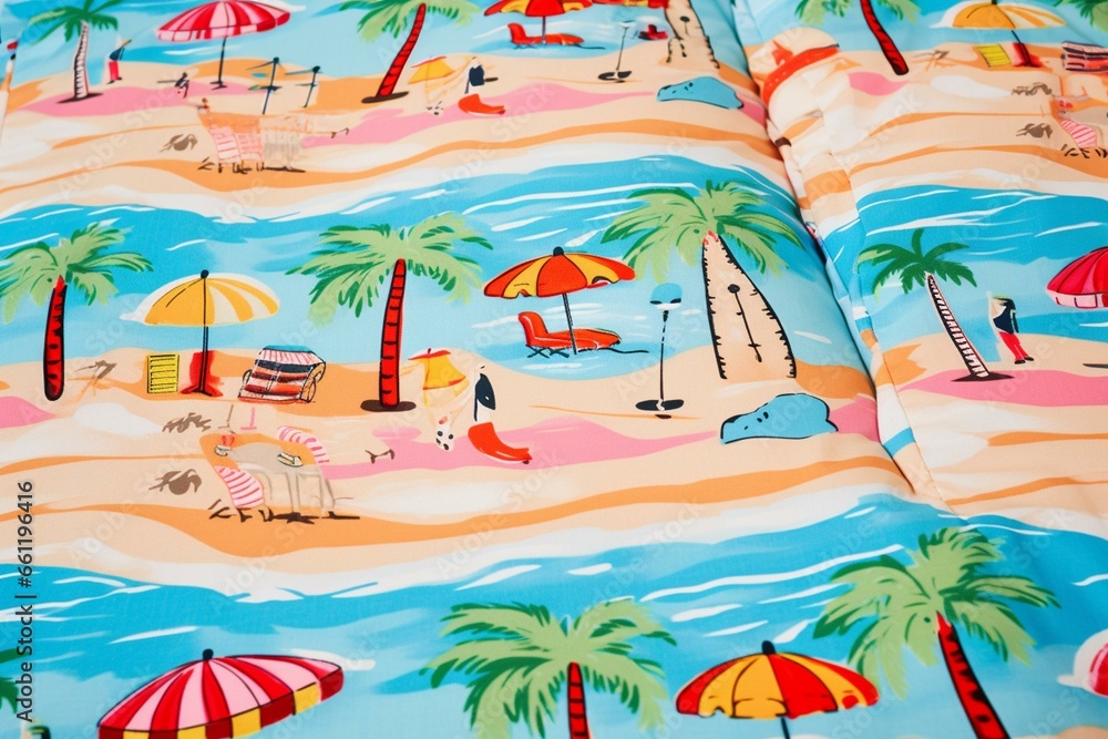 Vibrant and playful beach fabric design with a trendy pattern clash and linen cotton effect. Generative AI