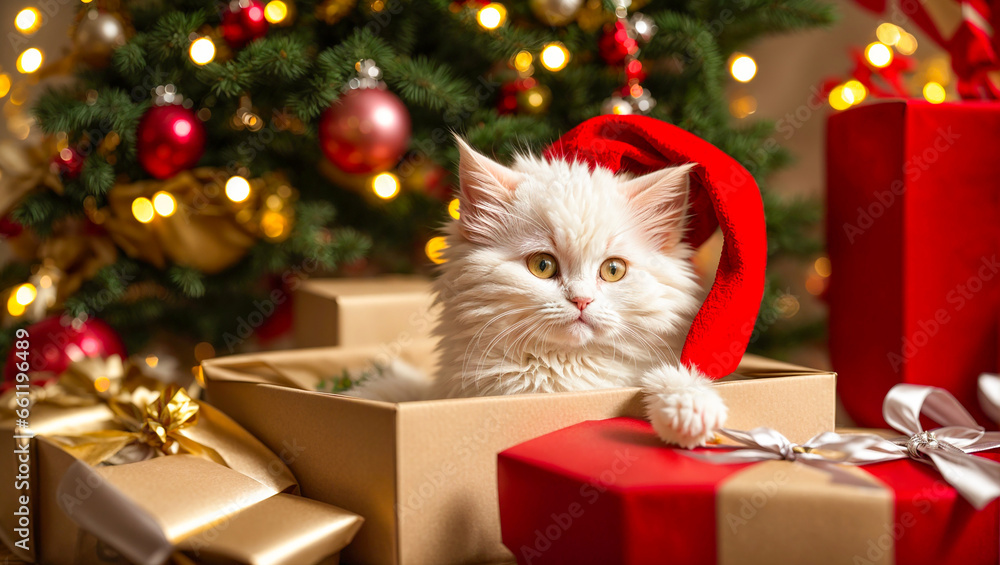 Obraz premium Cute cat wearing santa hat