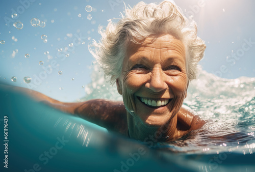 Healthy senior woman swimming under water in public pool, mineral water pool. Happy pensioner enjoying sportive lifestyle. Active retirement concept. 