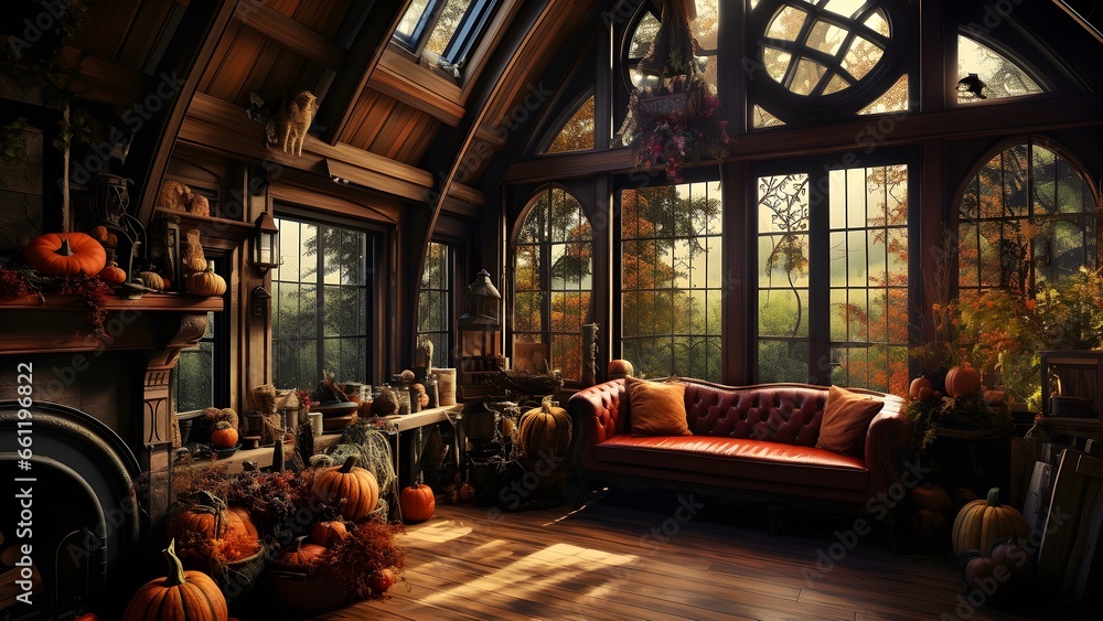 Inneneinrichtung im Halloween-Stil mit orange-schwarz Farbpalette, Sofa (Generative AI, KI)