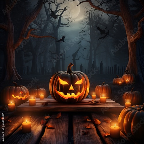 halloween background with pumpkin and bats, forest, lights, candles, rat