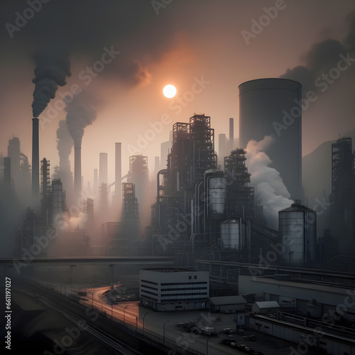Industrial Foreboding  A sprawling skyline with imposing factories releasing thick smog into the atmosphere  a commentary on industry  pollution and the environment