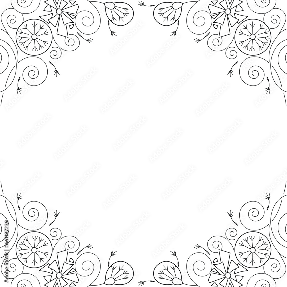Stylized dandelion flowers and swirls, black and white line art, vector.