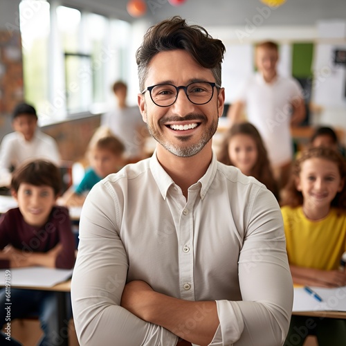 Vibrant classroom scene captured in playful, youthful style, featuring a confident teacher with arms crossed, engaging students. The image, shot with Provia film, boasts reductionist forms and optical photo